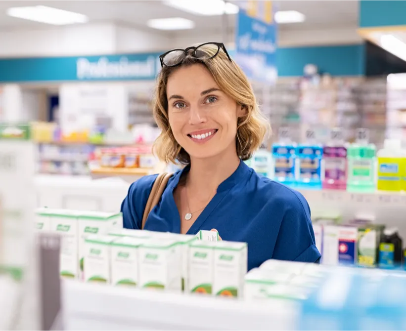 25-50-4 Smiling woman in a blue shirt shopping in a brightly lit pharmacy aisle with medicine boxes on shelves.