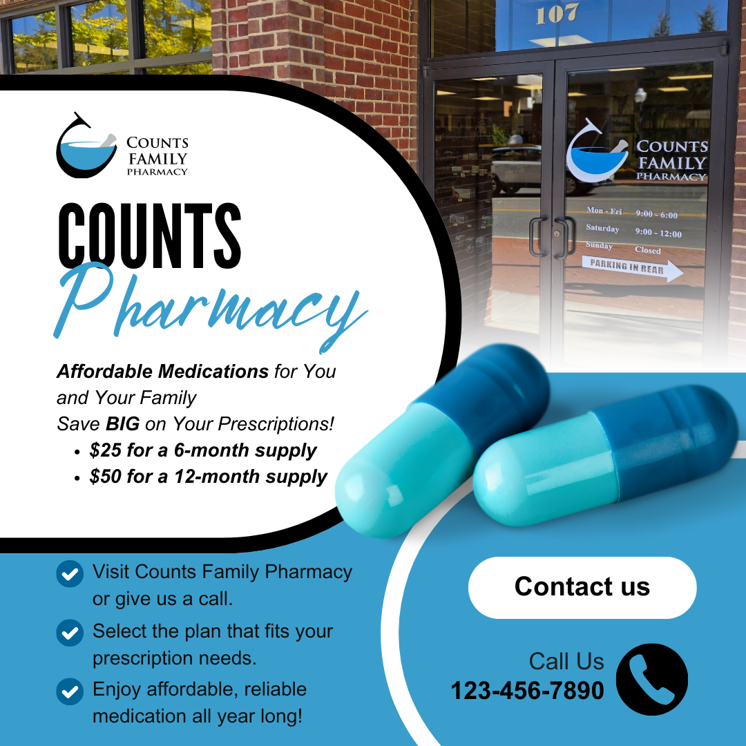 Counts Family Pharmacy ad; blue capsules, phone number, and list of pharmacy services on a blue and white background.