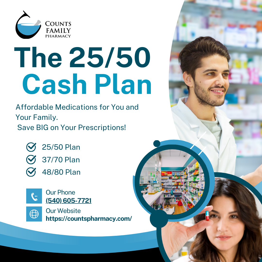 A smiling pharmacist stands in a pharmacy; text advertises the 25/50 Cash Plan for affordable medications.