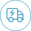 Group 1 Blue outlined icon of a delivery truck with a lightning bolt on its side, inside a blue circle.