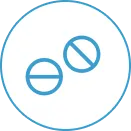 Group 3 Blue outline of two pills with diagonal lines on a white background inside a blue circle border.