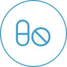 Group 5 Blue outline of a capsule and a tablet with a line through it, inside a blue circle on a white background.